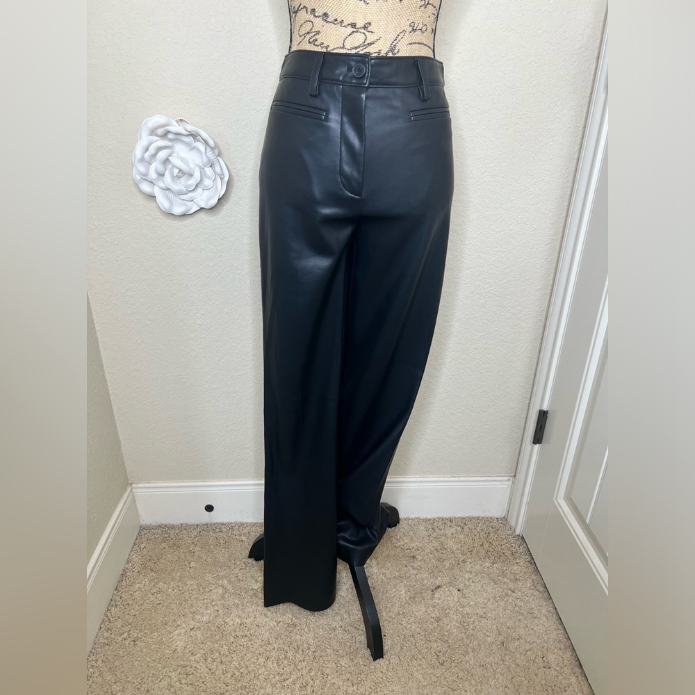 NTM: Rebecca Taylor Vegan Leather Wide Flare Leg Trouser Pants in Black Sz 2